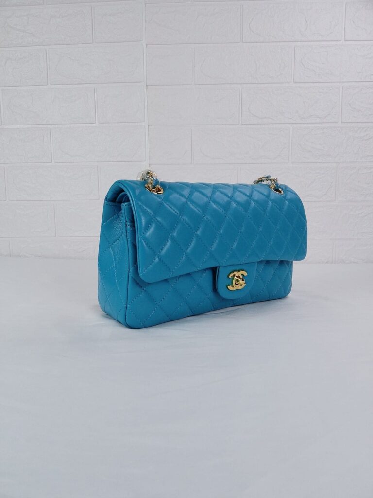 Chanel Classic Medium Lambskin Flap Bag Blue And Gold 25Cm - Image 7