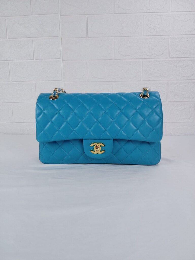 Chanel Classic Medium Lambskin Flap Bag Blue And Gold 25Cm - Image 9