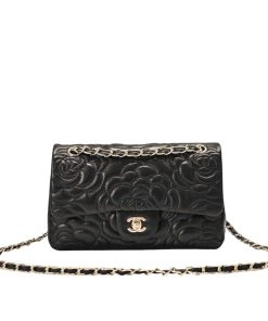 Chanel Flap Bag With Camellia Flower Chain Black 26Cm