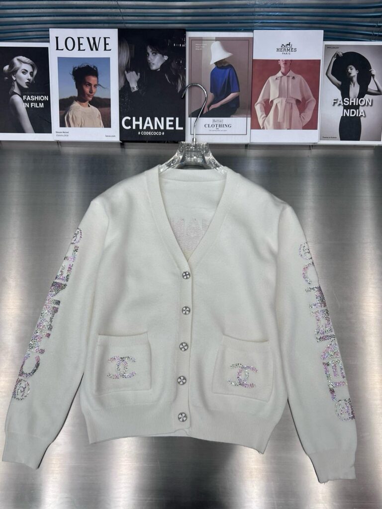 Chanel Knit Cardigan With Logo Beaded And Fashion Button In White - Image 4