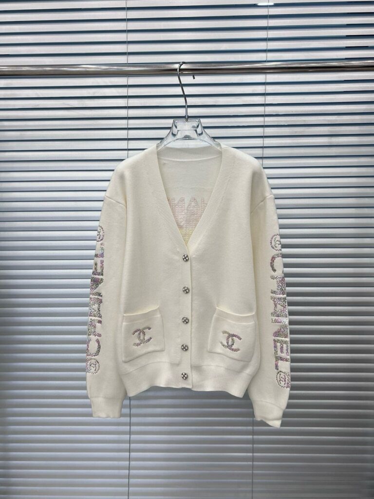 Chanel Knit Cardigan With Logo Beaded And Fashion Button In White - Image 2