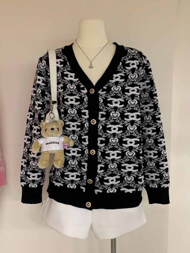 Chanel Knit Cardigan Cc Stylish Logo With Heart Pattern Black - Image 2