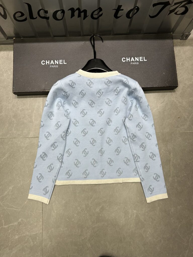 Chanel Knit Cardigan With Cc Logo In Light Blue - Image 3