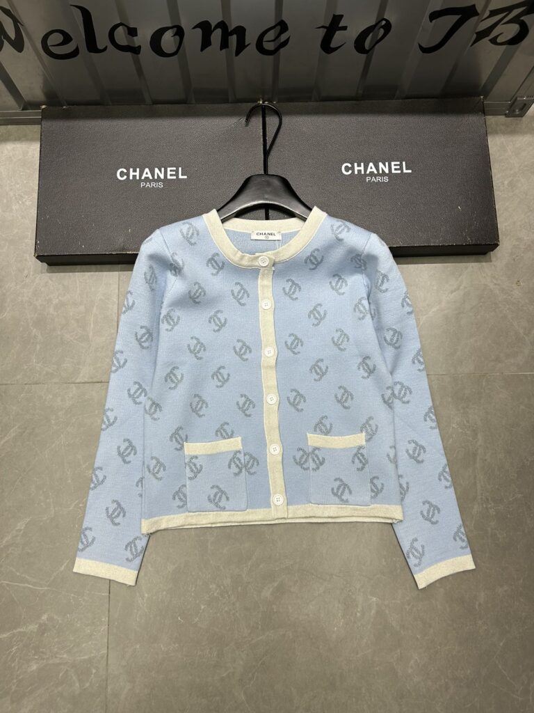 Chanel Knit Cardigan With Cc Logo In Light Blue - Image 2