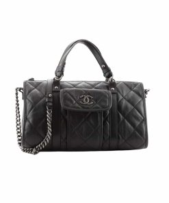 Chanel Casual Riviera Bowling Bag Quilted Calfskin Medium Black 32Cm