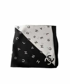 Chanel Multi Letters Square Silk Scarf Black White