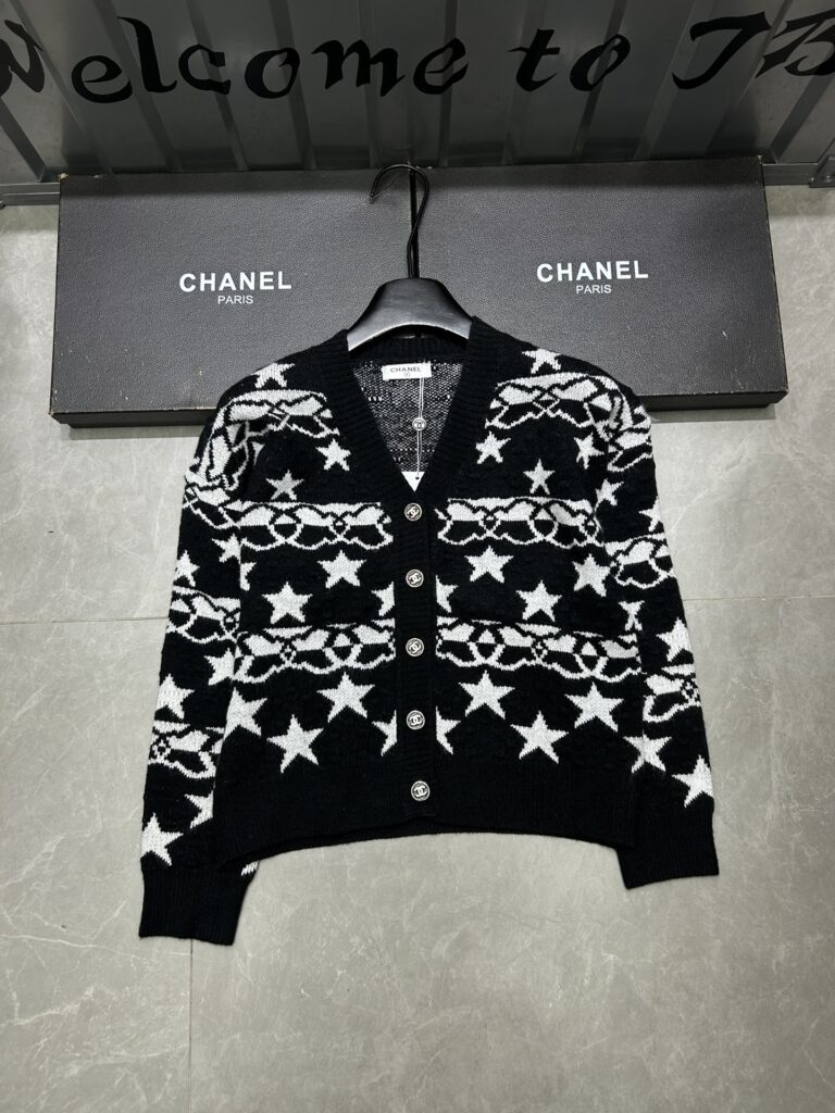 Chanel Star Pattern Printed Knit Cardigan In Black - Image 2