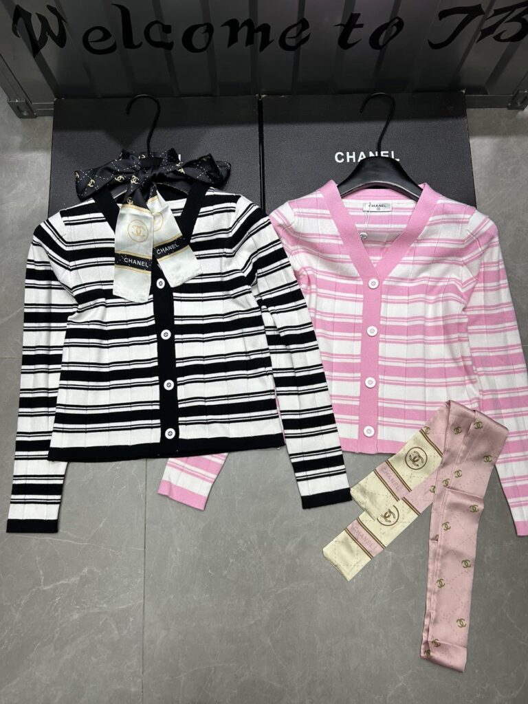 Chanel Textured Stripe Knit Cardigan White And Pink - Image 6