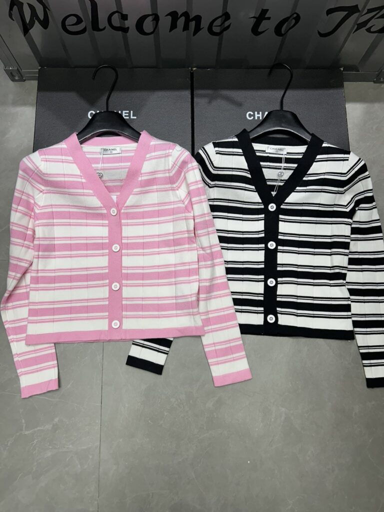 Chanel Textured Stripe Knit Cardigan White And Pink - Image 5