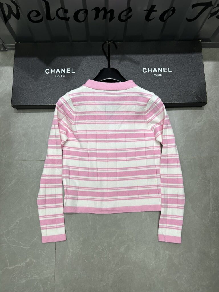 Chanel Textured Stripe Knit Cardigan White And Pink - Image 2