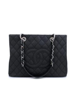 Chanel Grand Shopping Tote Bag Black Caviar Silver Tone Chain 34Cm