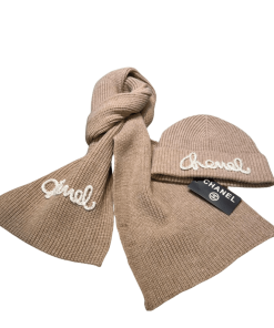 Chanel Beanie Hat And Scarf Brown Wool Set