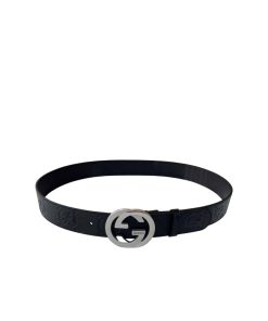 Gucci Men'S Reversible Gg Belt Silver Hardware Black 40Mm