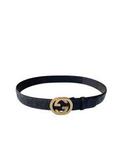 Gucci Men'S Reversible Gg Belt Gold Hardware Black 40Mm