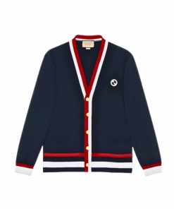 Gucci Knit Wool Cardigan With Patch Blue 743019 Xkded 4496
