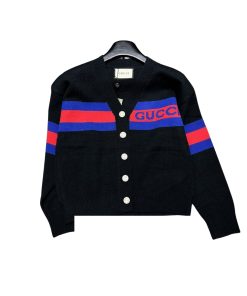 Gucci Knit Wool Cardigan V Neck Cardigan With Line Black