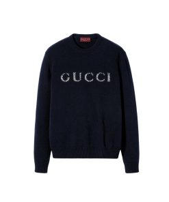 Gucci Wool Sweater With Gucci Intarsia Dark Blue