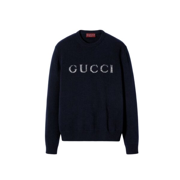 Gucci Wool Sweater With Gucci Intarsia Dark Blue