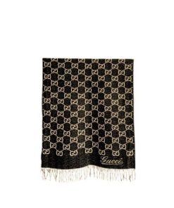 Gucci Gg Jacquard Wool Scarf Black And Beige