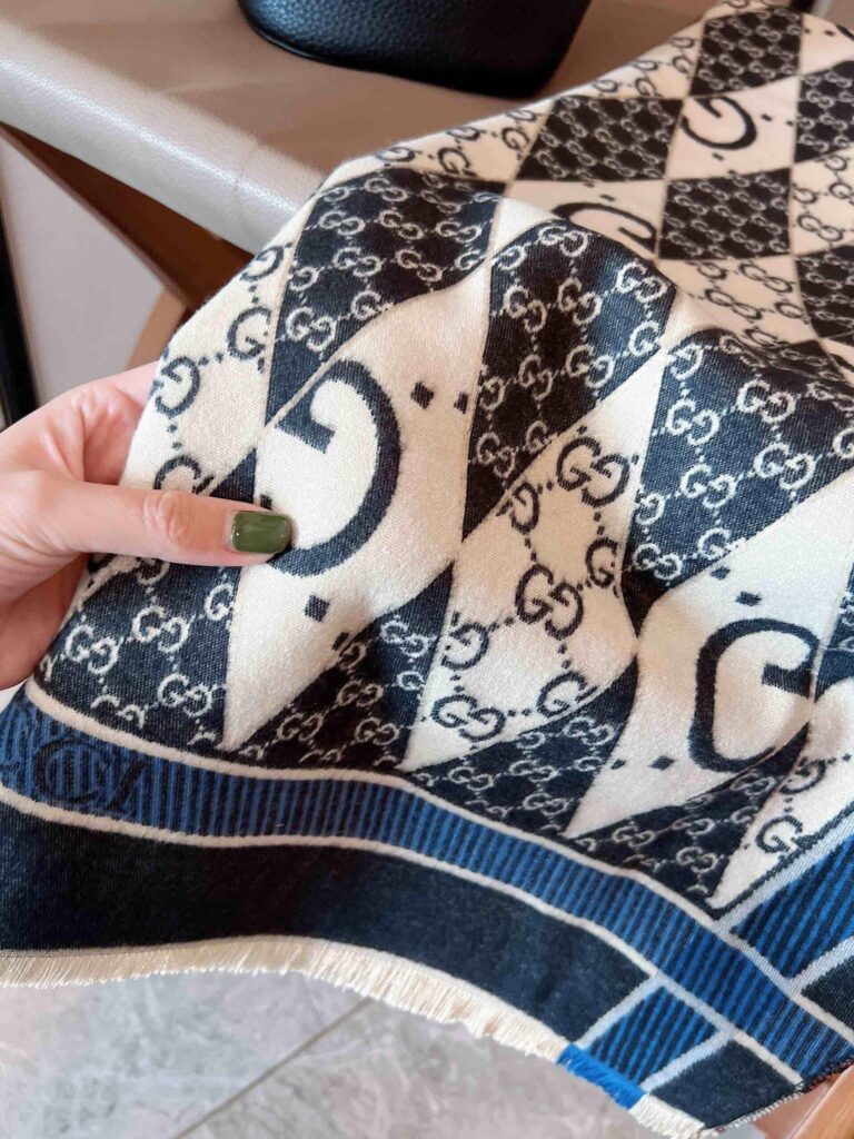 Gucci Gg Patchwork Backgammon Print Scarf Blue - Image 3