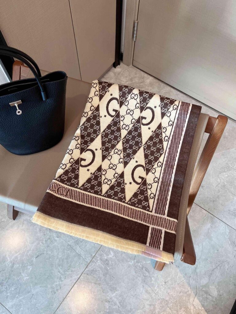 Gucci Gg Patchwork Backgammon Print Scarf Brown - Image 4