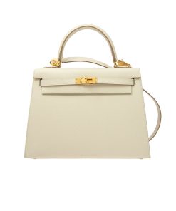 Hermes Kelly White Sellier Rouge Epsom Gold Hardware 25Cm