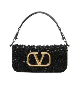 Valentino Loco Medium Vlogo Sequins Shoulder Bag Black 26Cm
