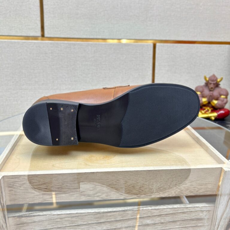 Prada Brushed Leather Loafer Plate Bit Logo Brown - Image 2