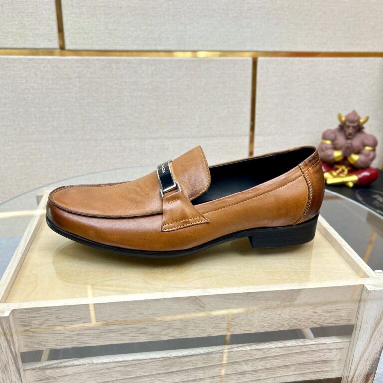 Prada Brushed Leather Loafer Plate Bit Logo Brown - Image 5