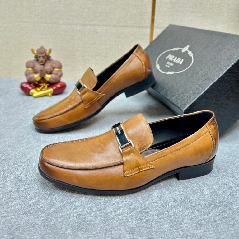 Prada Brushed Leather Loafer Plate Bit Logo Brown - Image 7