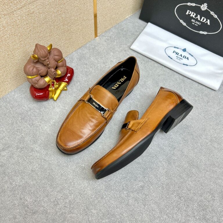 Prada Brushed Leather Loafer Plate Bit Logo Brown - Image 9