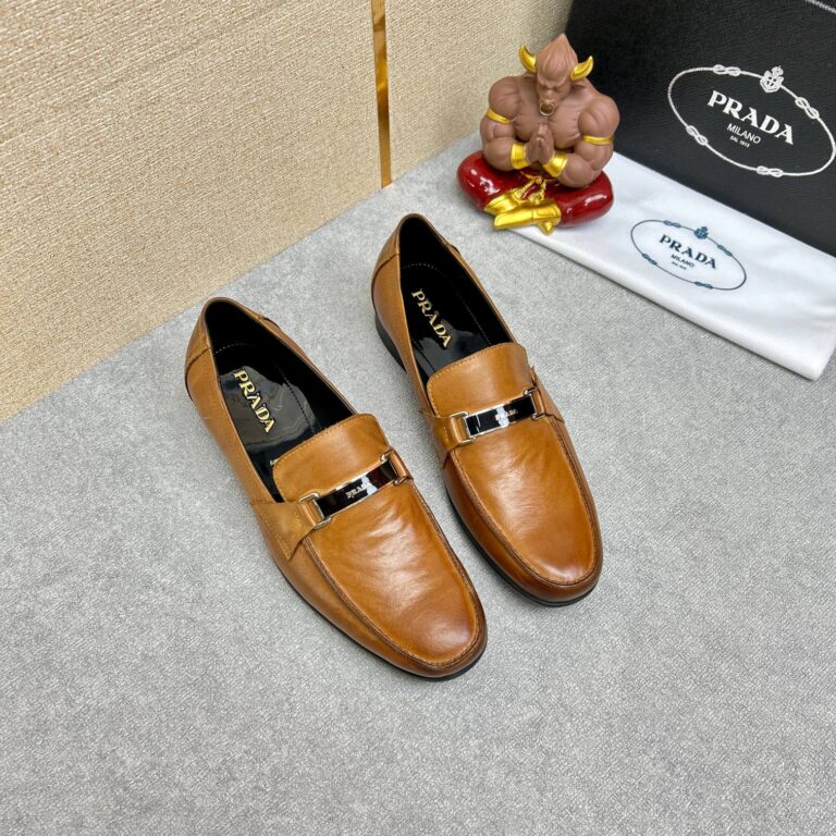 Prada Brushed Leather Loafer Plate Bit Logo Brown - Image 10
