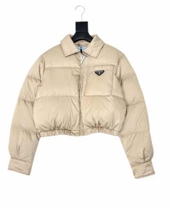 Prada Re Nylon Cropped Down Jacket Beige
