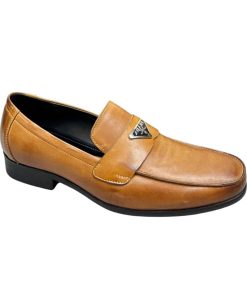 Prada Brushed Leather Loafers Triangle Logo Brown