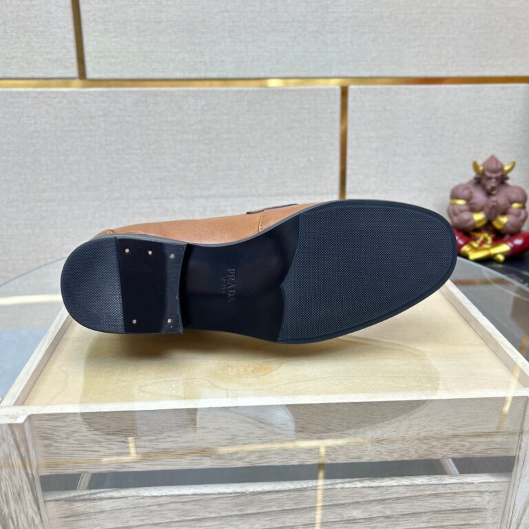 Prada Brushed Leather Loafers Triangle Logo Brown - Image 2