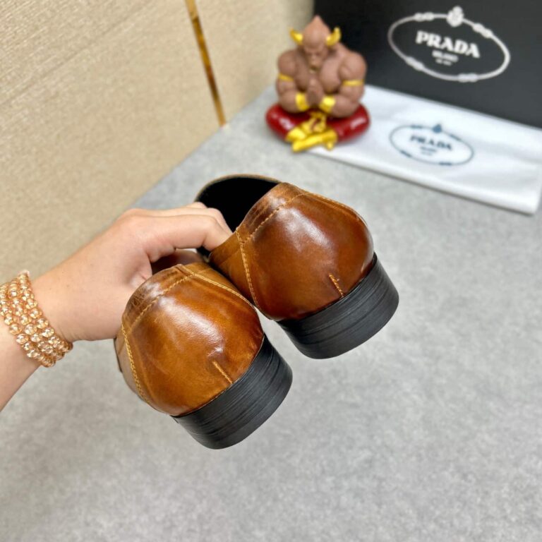 Prada Brushed Leather Loafers Triangle Logo Brown - Image 3