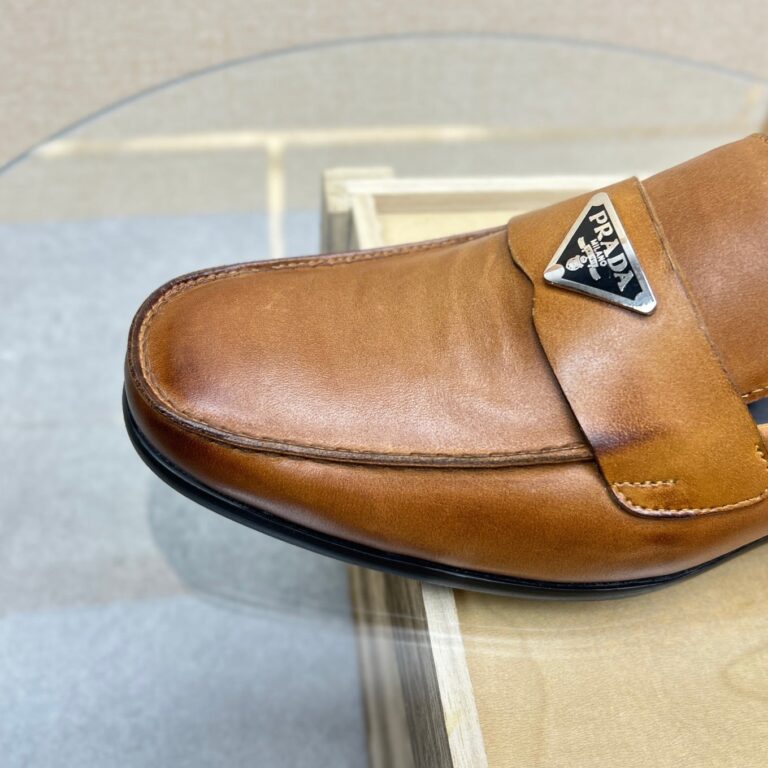 Prada Brushed Leather Loafers Triangle Logo Brown - Image 4
