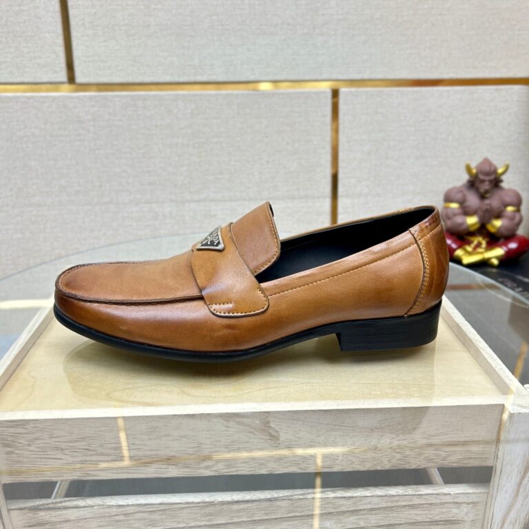 Prada Brushed Leather Loafers Triangle Logo Brown - Image 5