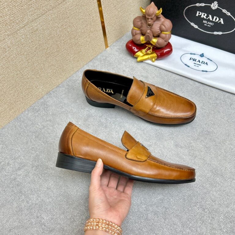 Prada Brushed Leather Loafers Triangle Logo Brown - Image 6