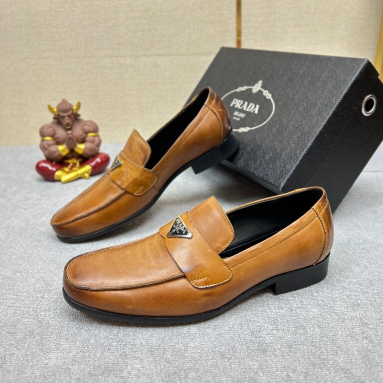 Prada Brushed Leather Loafers Triangle Logo Brown - Image 7