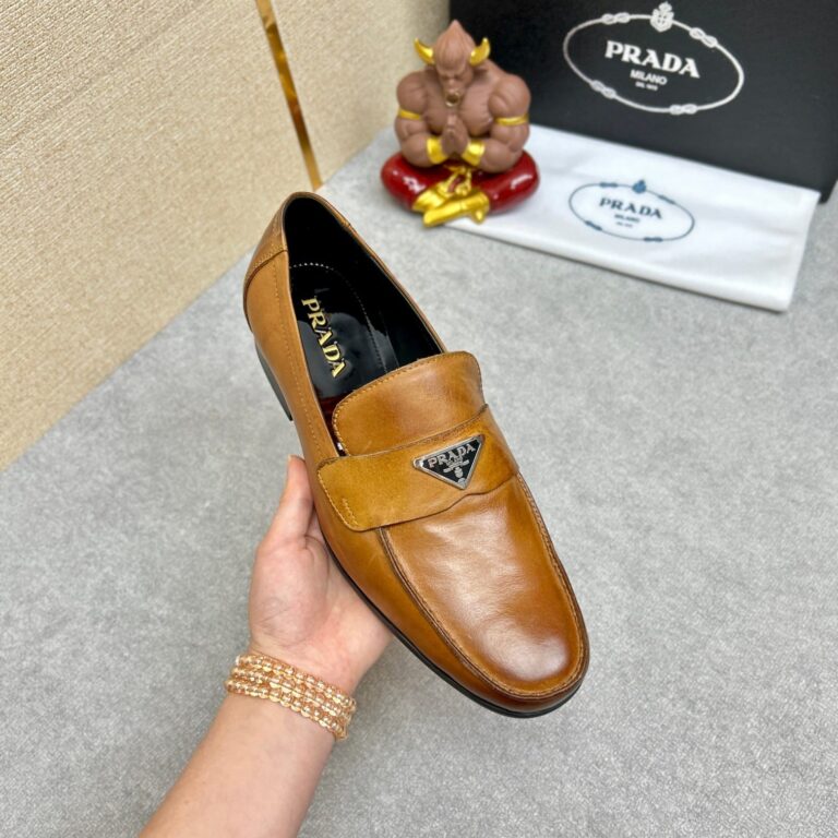 Prada Brushed Leather Loafers Triangle Logo Brown - Image 8