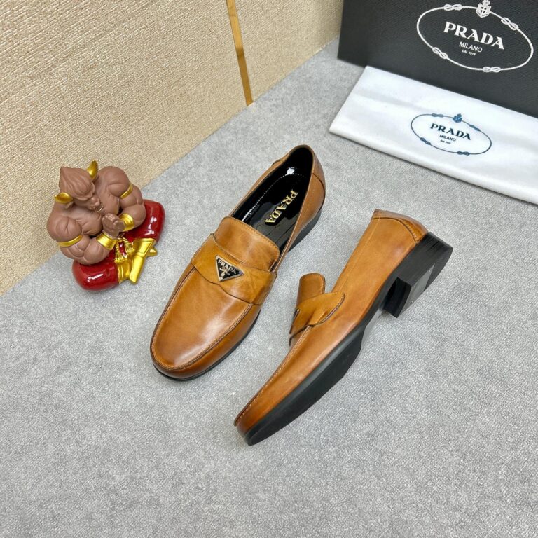 Prada Brushed Leather Loafers Triangle Logo Brown - Image 9