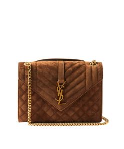 Saint Laurent Envelope Medium Matelass? Suede Shoulder Bag Brown 24Cm