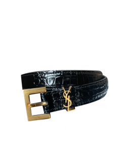 Saint Laurent Croc Embossed Leather Belt Black And Gold 26267332