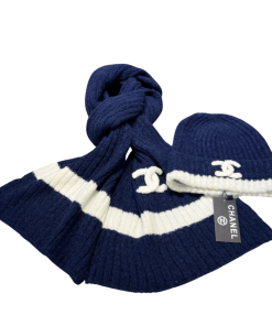 Chanel Beanie Hat And Scarf Blue Set