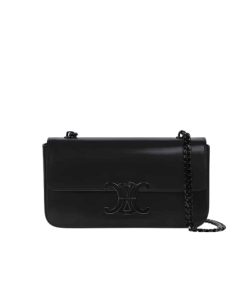 Celine Chain Triomphe In Shiny Calfskin Shoulder Bag Black Black 20Cm