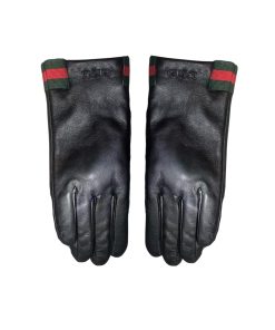 Gucci Leather Gloves Signature Color Stripes In Black