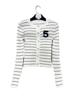 Chanel Textured Stripe Knit Cardigan Number Embroidered In White