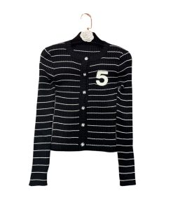 Chanel Textured Stripe Knit Cardigan Number Embroidered In Black
