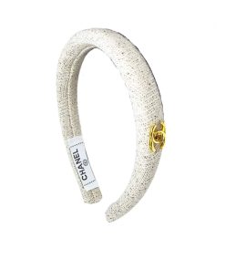 Chanel Small Cc Tweed Headband With Gold Hardware In White
